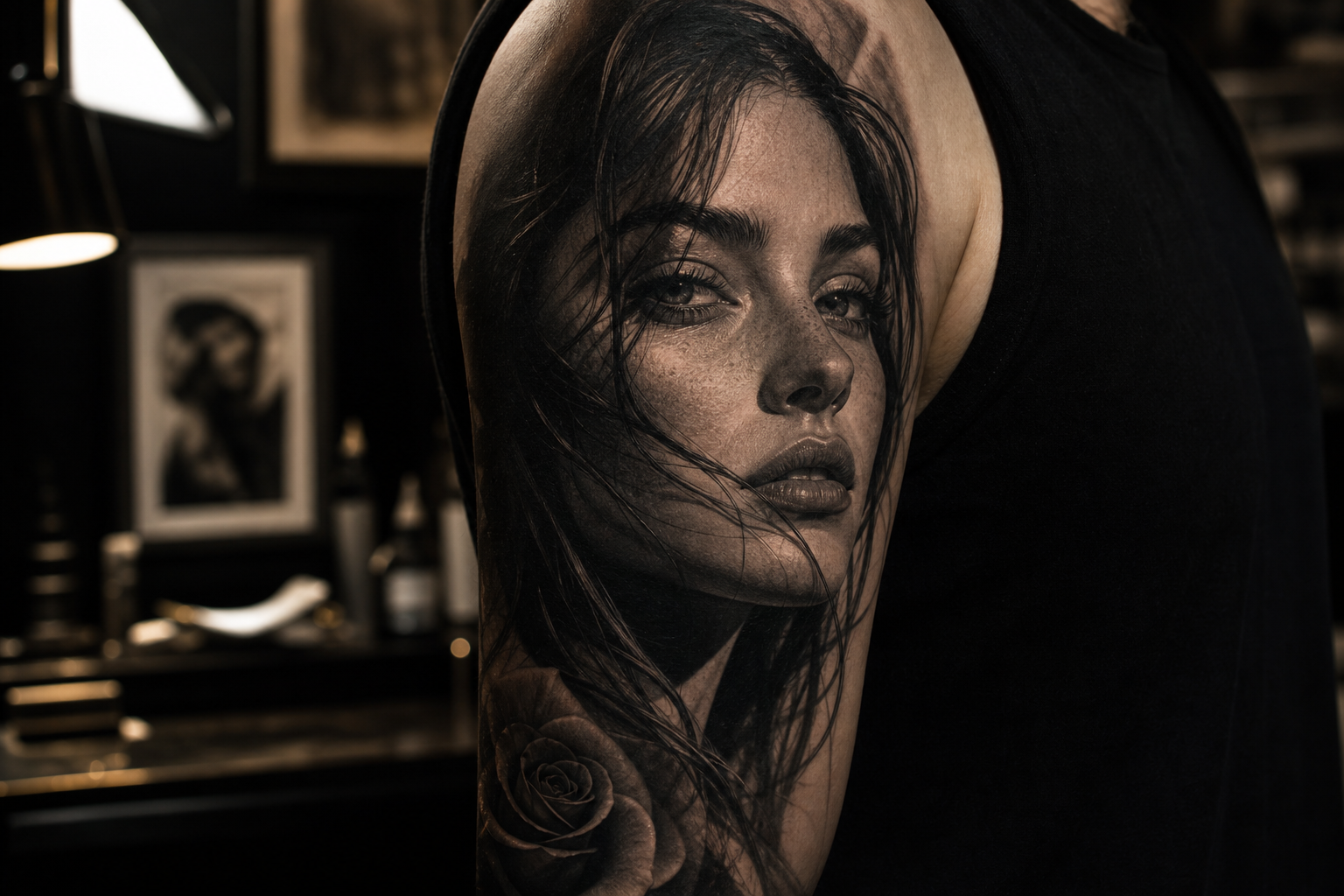 Realism tattoo portrait on upper arm showing smooth gradients and lifelike facial detail