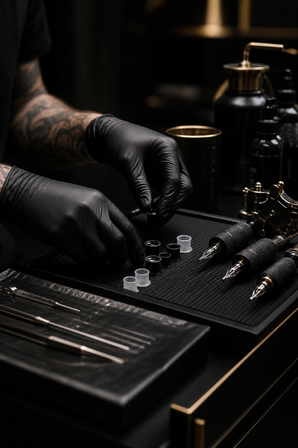 Close studio-detail view of a tattoo artist preparing tools on a clean dark workstation with refined warm lighting