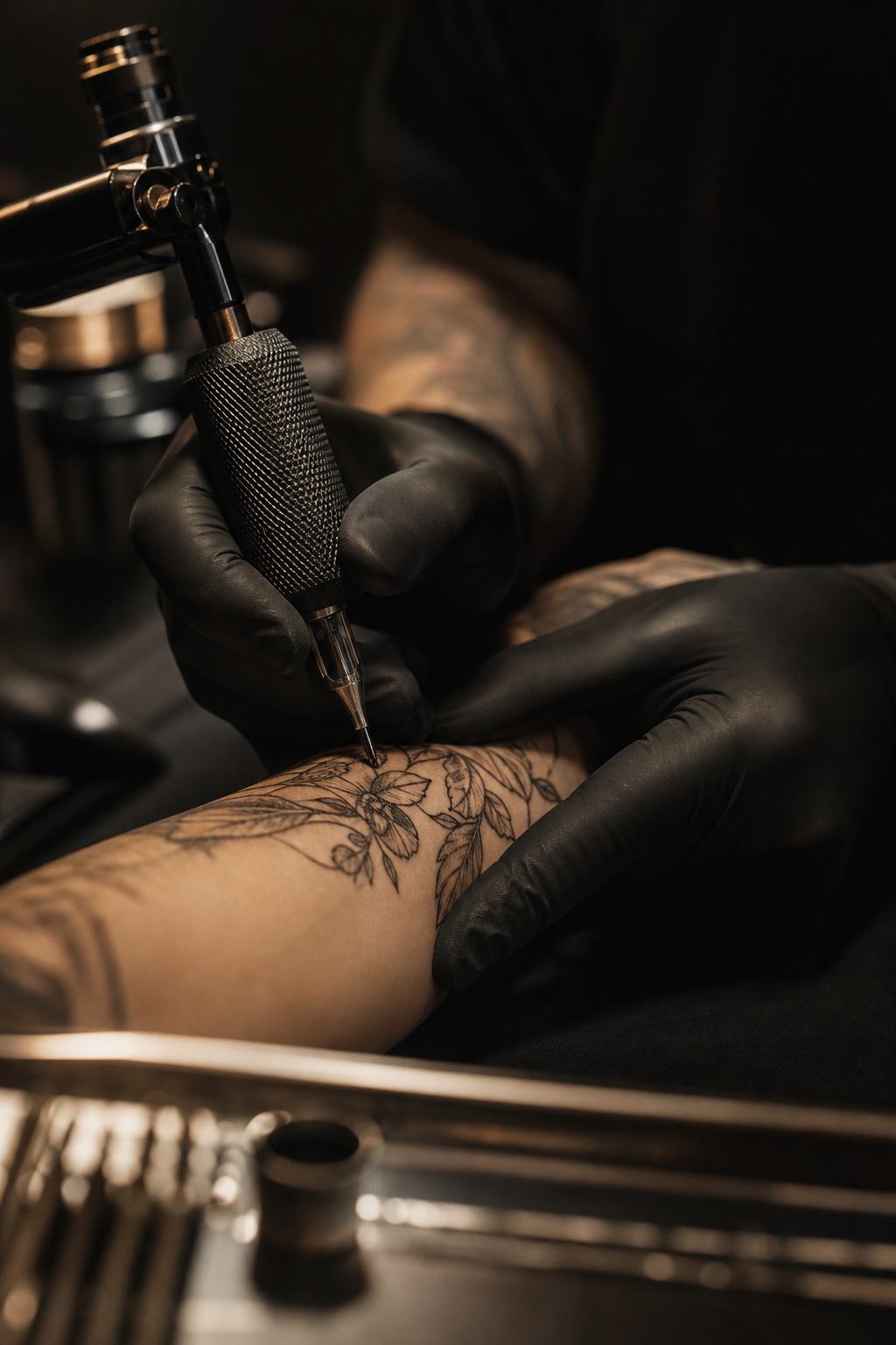 Close-up of a gloved tattoo artist carefully applying a fine line tattoo under focused studio lighting