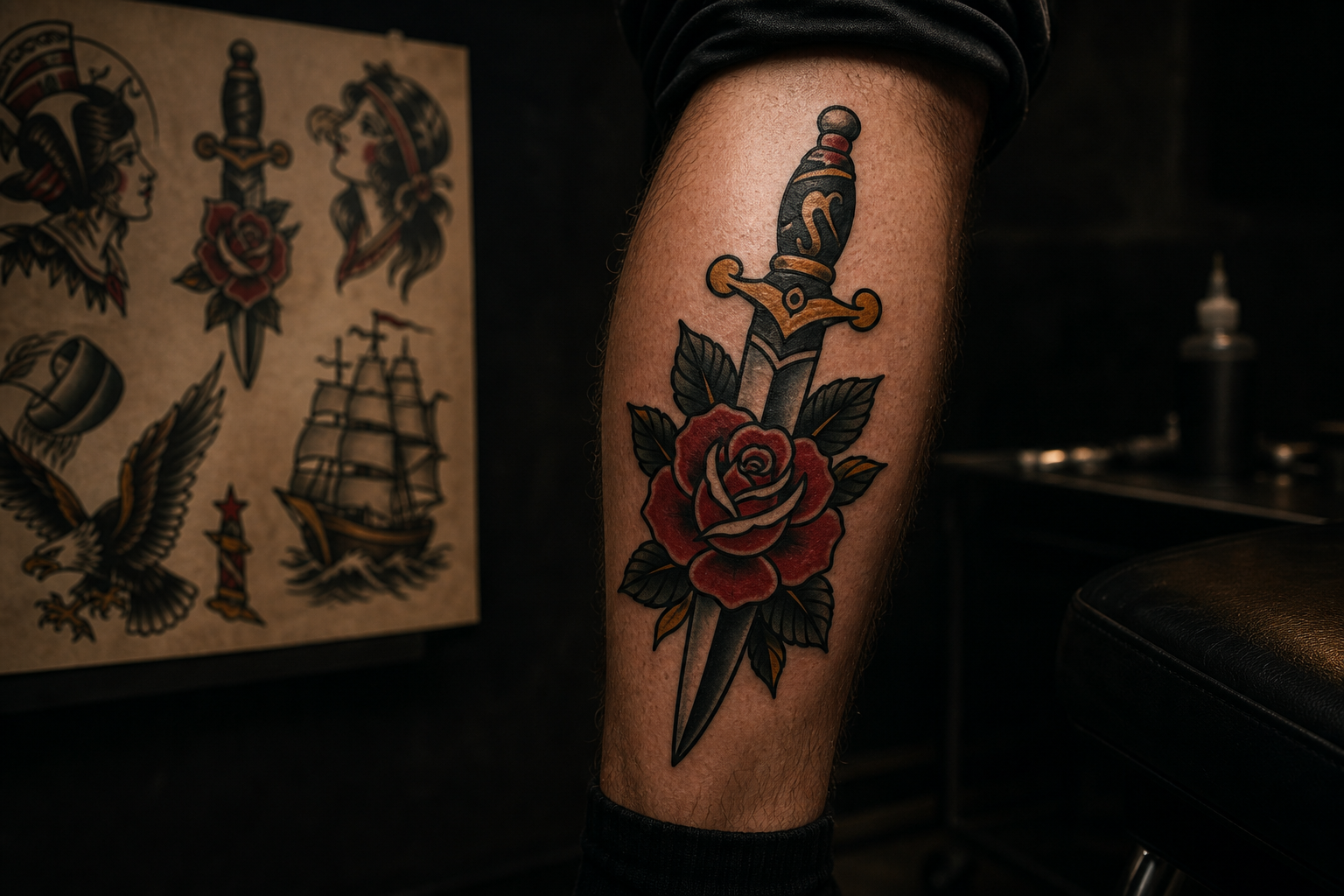 Traditional tattoo flash-inspired design with strong outlines and classic dagger-and-rose motif