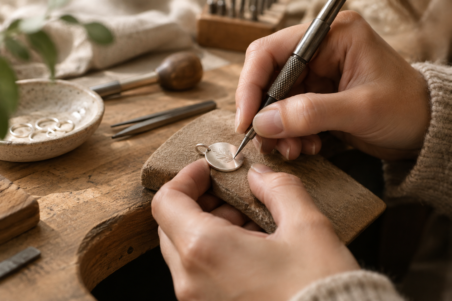 Close view of a jeweler engraving a small sterling silver disc pendant by hand at a workbench