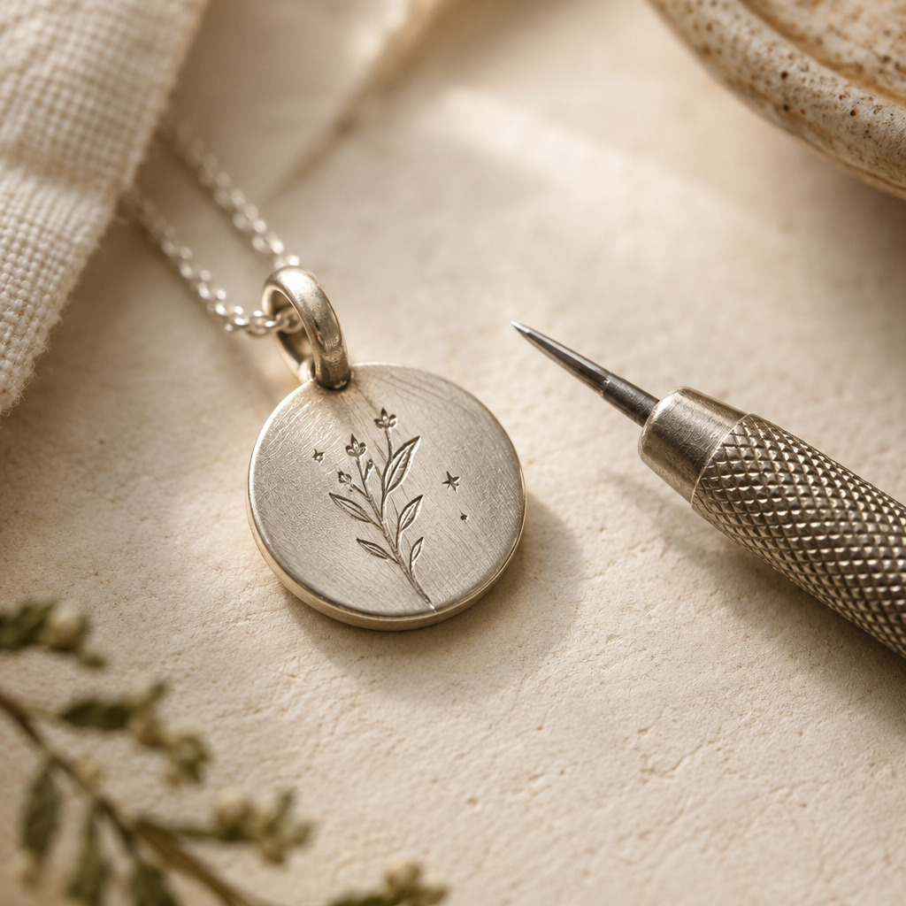Close detail of tiny hand-engraved marks on a brushed sterling silver pendant beside a jeweler’s tool