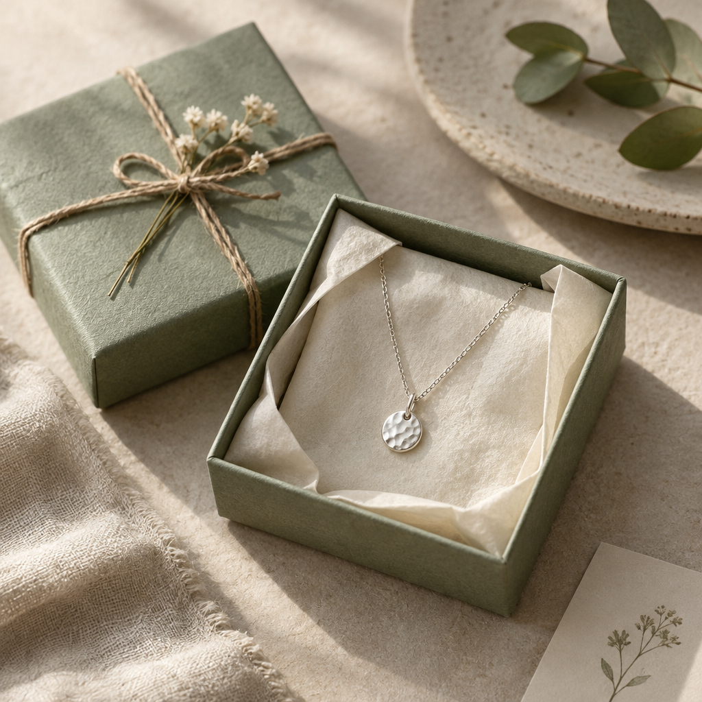 Gift-ready jewelry box in soft sage paper with a fine silver chain nestled in cream tissue