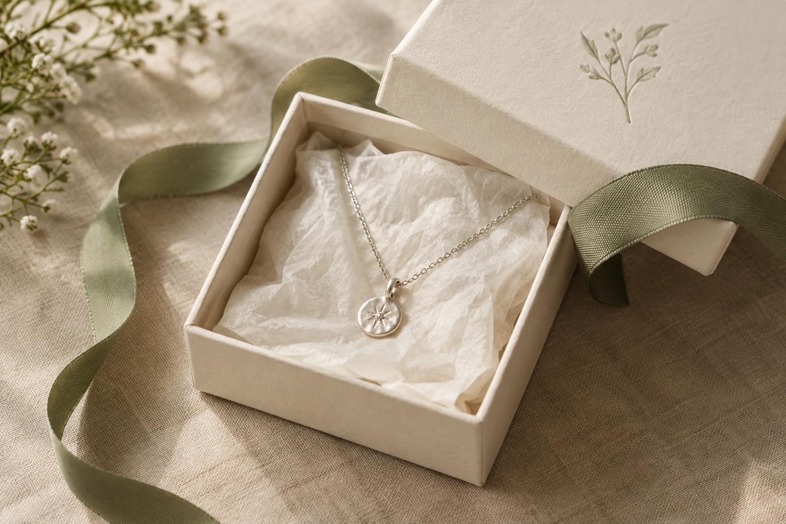 Open ivory keepsake jewelry box with a delicate silver necklace, soft tissue, and a sage ribbon