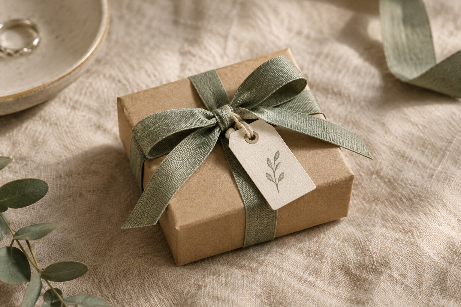 Small kraft jewelry parcel tied with a muted sage ribbon and resting on natural linen