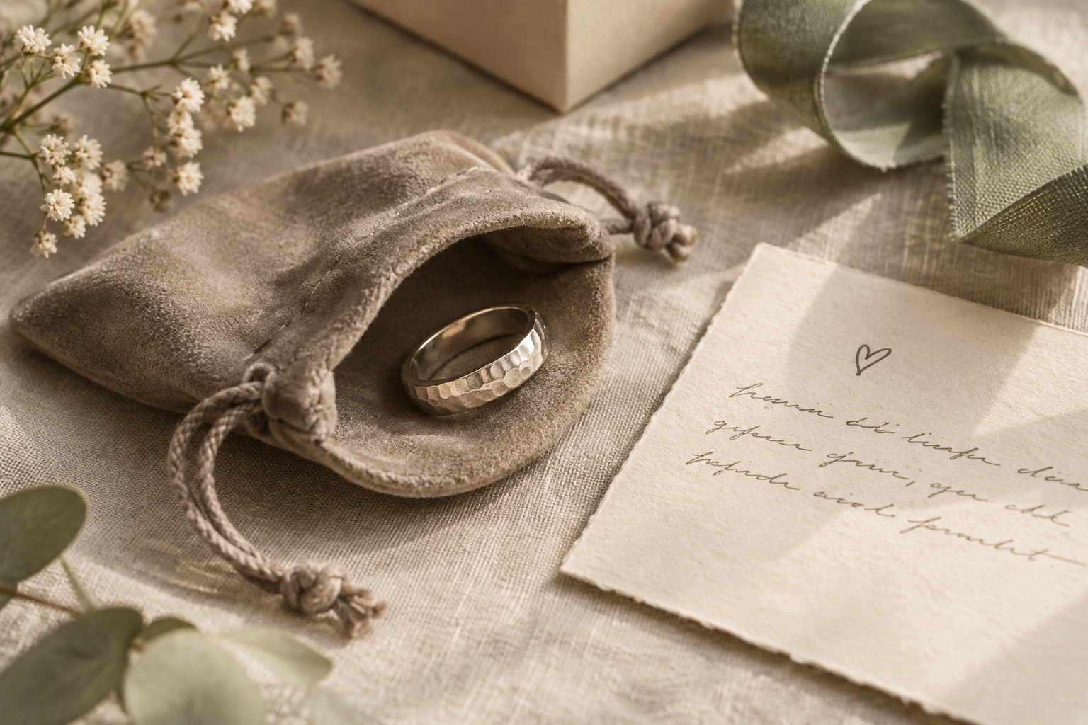Handcrafted sterling silver ring in a soft suede pouch beside a handwritten gift note