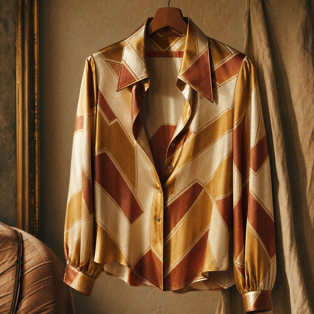 Silky disco print blouse with geometric gold and rust pattern