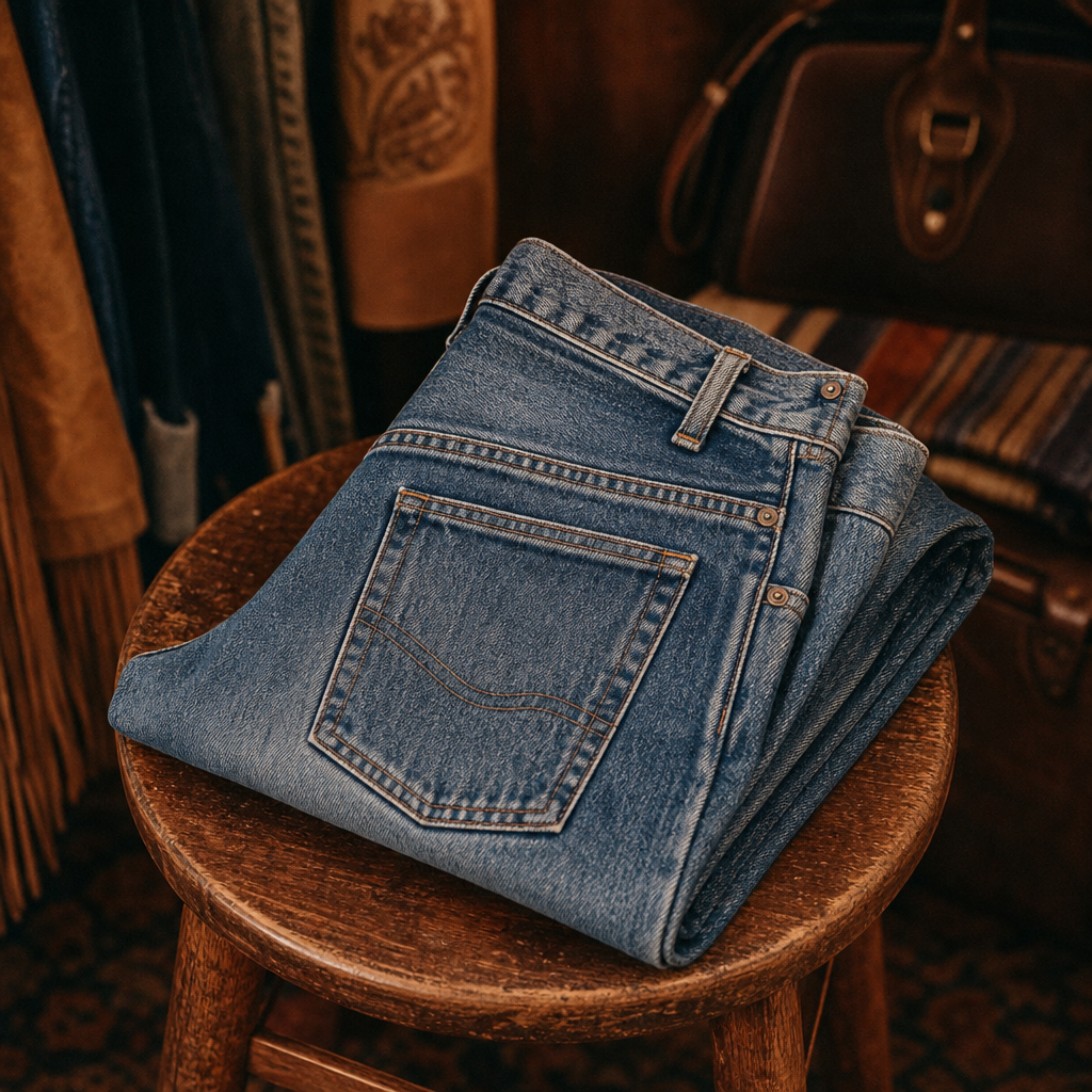 High-waisted medium wash denim with straight leg and vintage stitching