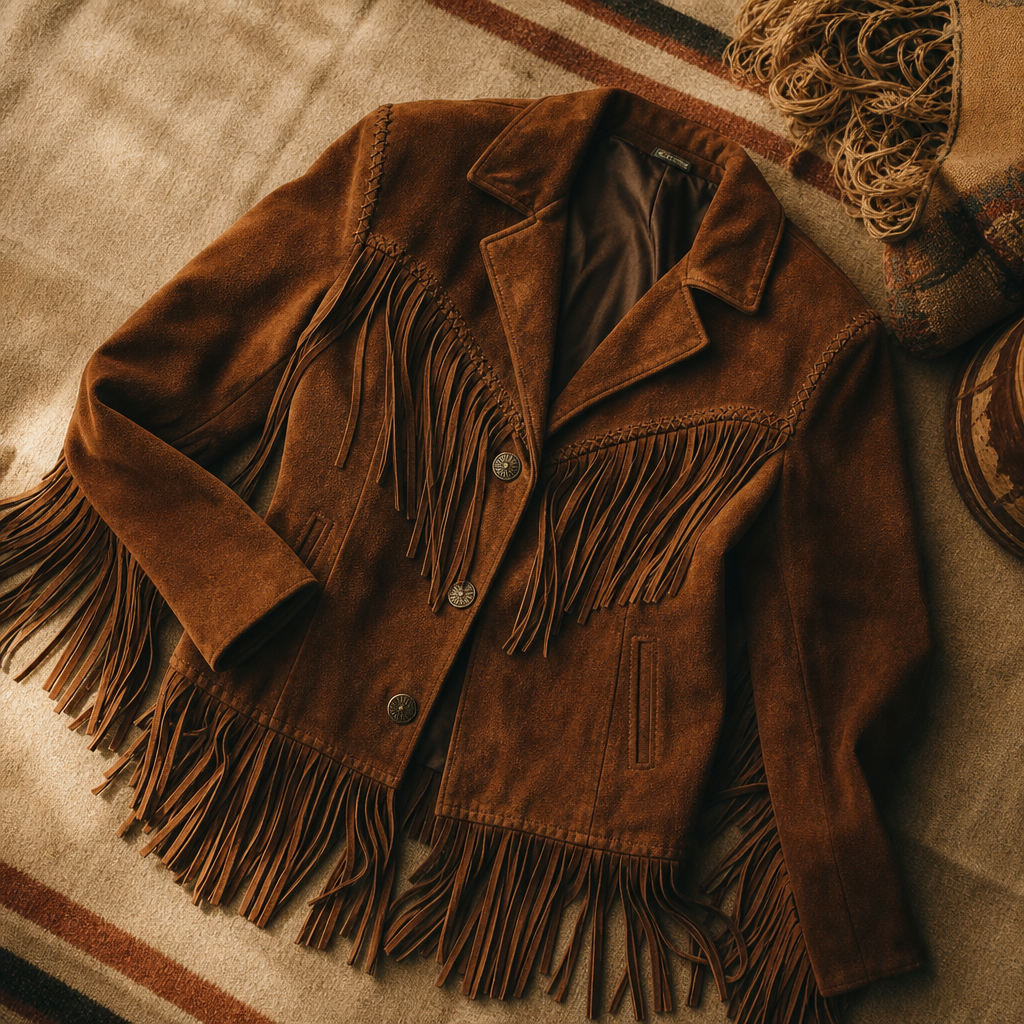 Chestnut suede fringe jacket with long tassels and western-inspired detailing