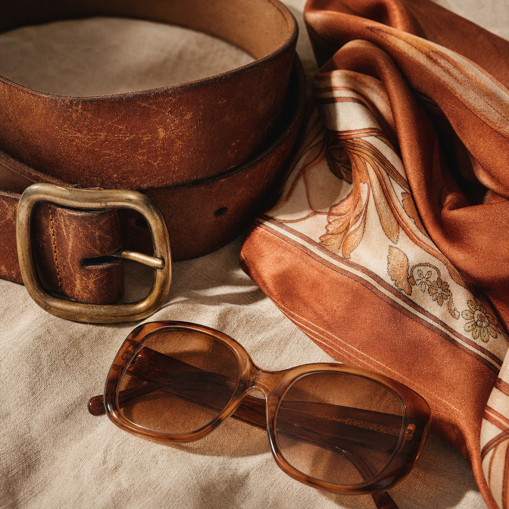 Close-up film-style flat lay of a leather belt, oversized sunglasses, and a silk scarf in warm earthy tones
