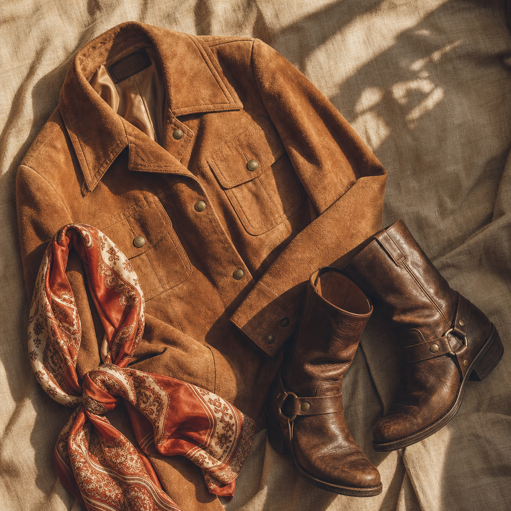 Warm, cinematic flat-lay of a 1970s suede jacket, a patterned silk scarf, and a pair of worn-in leather boots on textured linen