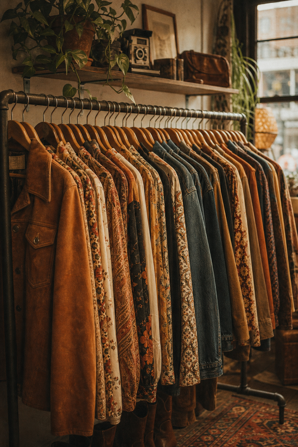 Warm film photograph of a vintage clothing rack with earth-toned 70s jackets, patterned blouses, and denim pieces inside a boutique