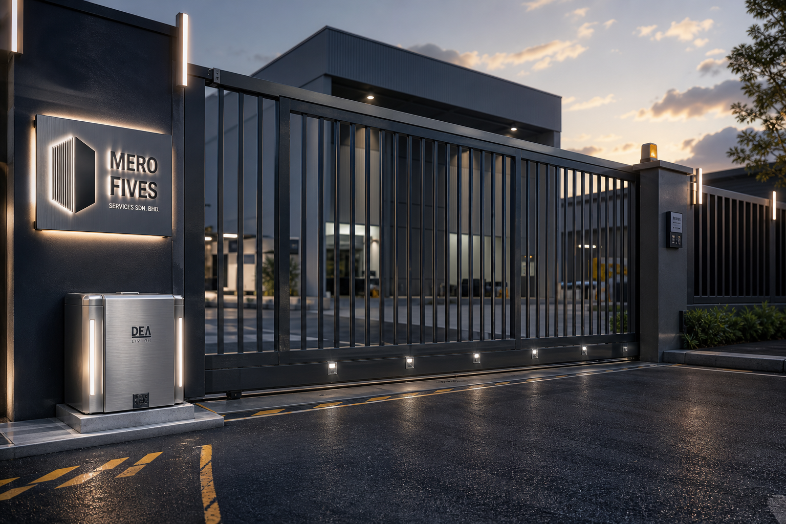 After installation view of the same industrial gate upgraded with sleek Italian automation and LED safety lighting