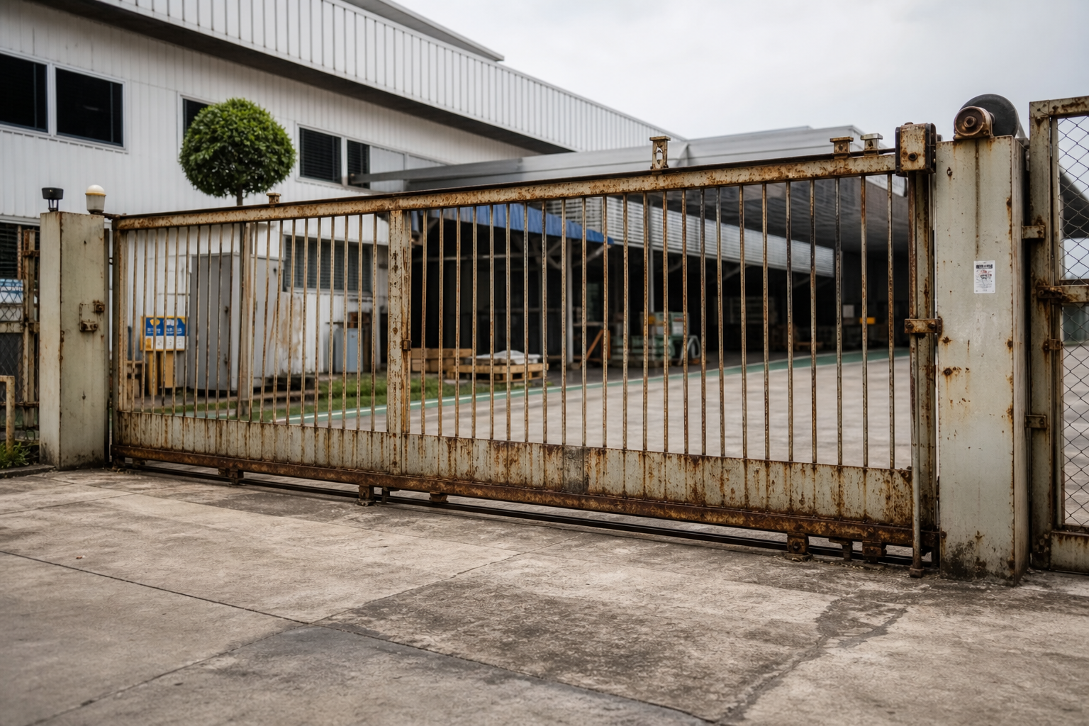 Before installation view of an older industrial gate with visible wear and manual sliding track
