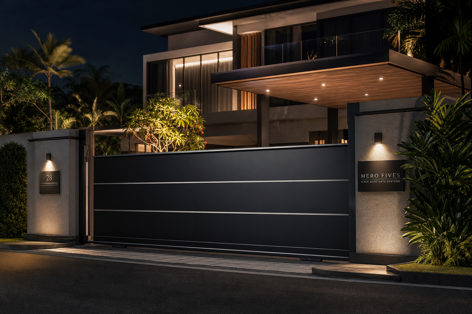 Luxury bungalow entrance with modern sliding auto gate and warm architectural lighting