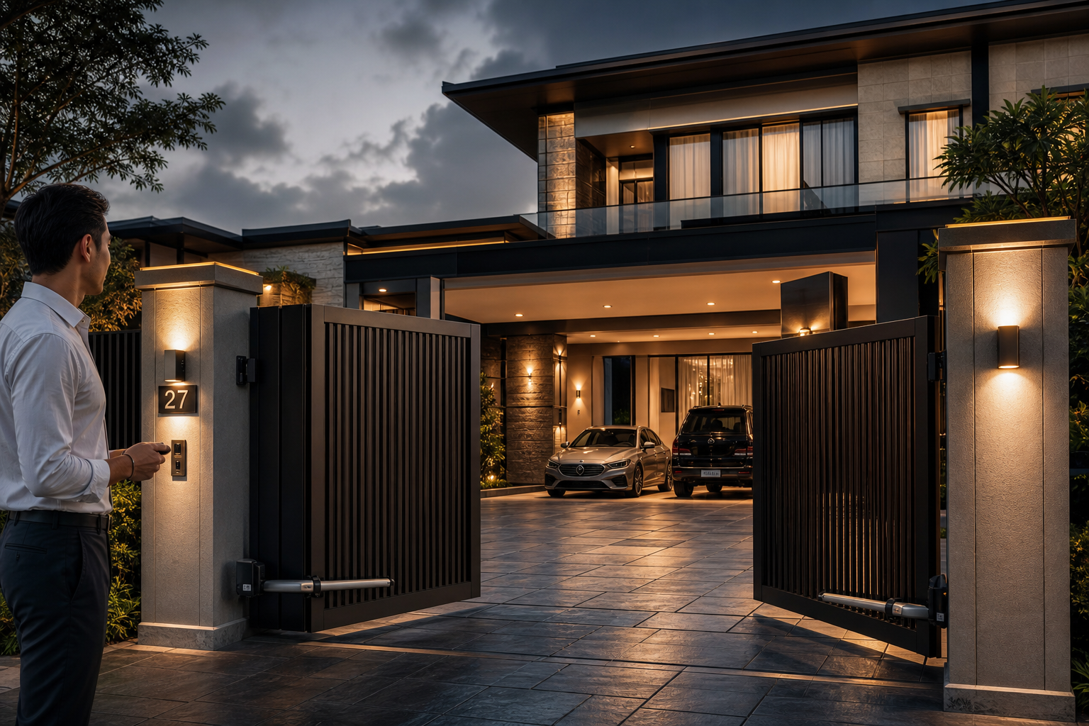 Luxury bungalow entrance with homeowner reacting to smooth smart gate automation at dusk