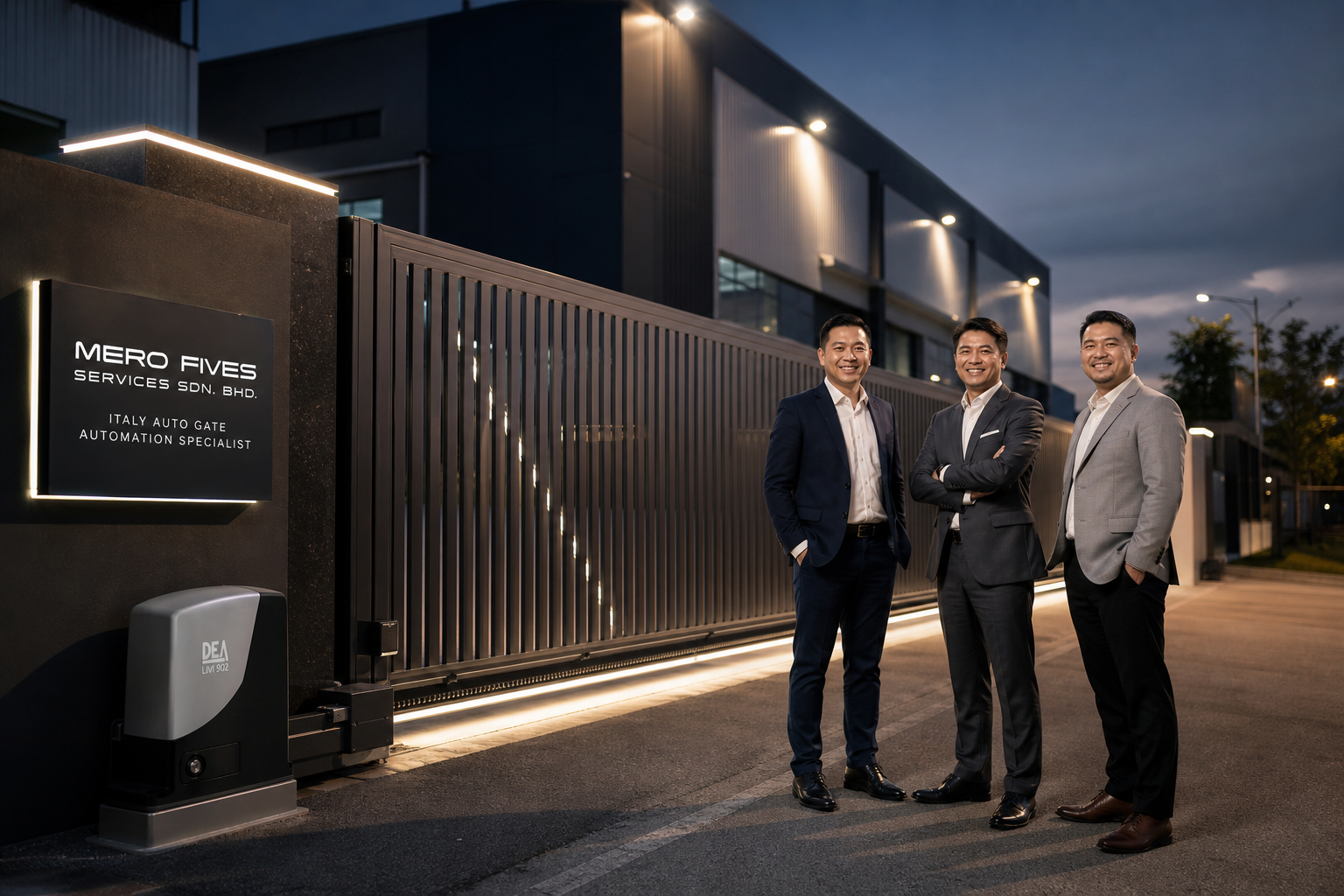 Happy Malaysian industrial clients smiling beside a newly installed premium factory sliding gate at dusk with cinematic lighting