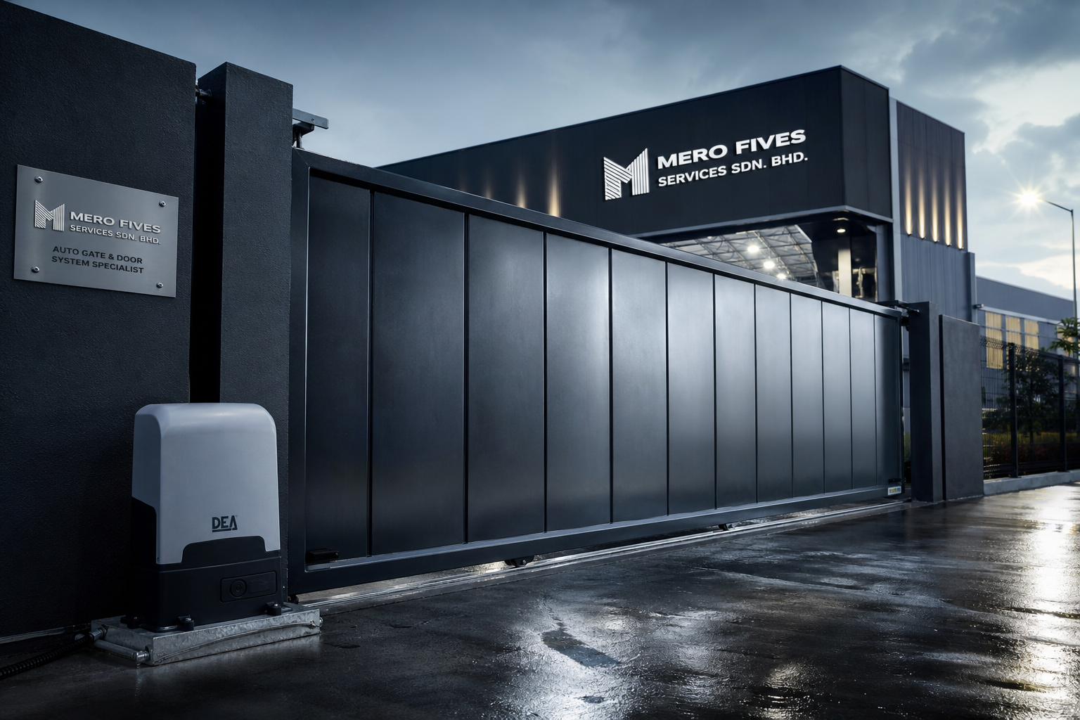 Cinematic view of a heavy-duty industrial sliding gate with steel panels and premium automation hardware, lit with cool Italian-style lighting