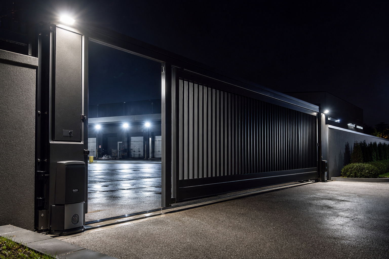 Nighttime factory sliding gate opening with bright industrial lighting and steel rails