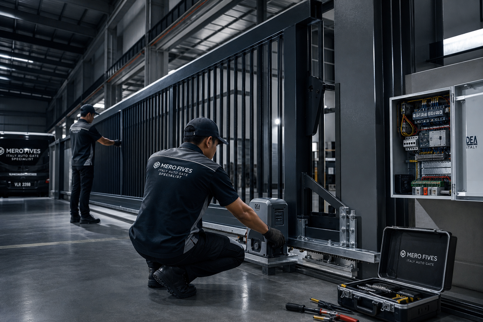 Professional technicians installing a heavy-duty factory auto gate with steel beams and industrial lighting