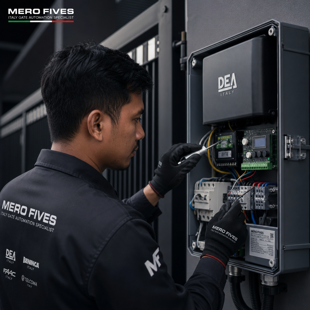 Professional technician in dark uniform inspecting a premium Italian gate motor control panel with precision tools