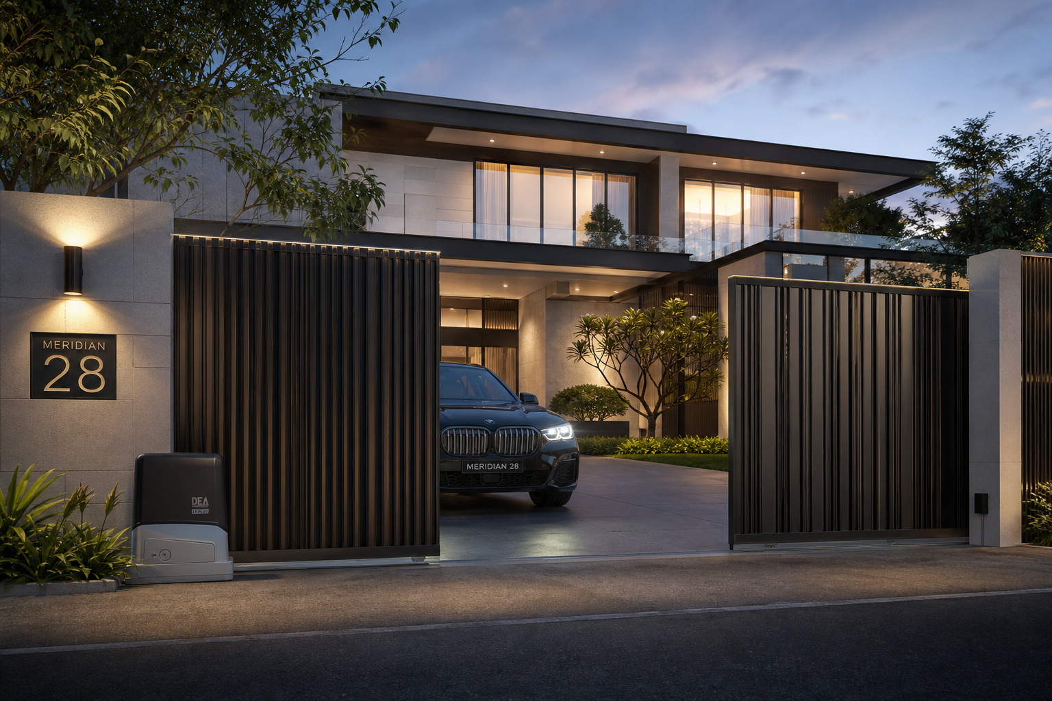 Luxury bungalow sliding gate opening in a modern Malaysian residence