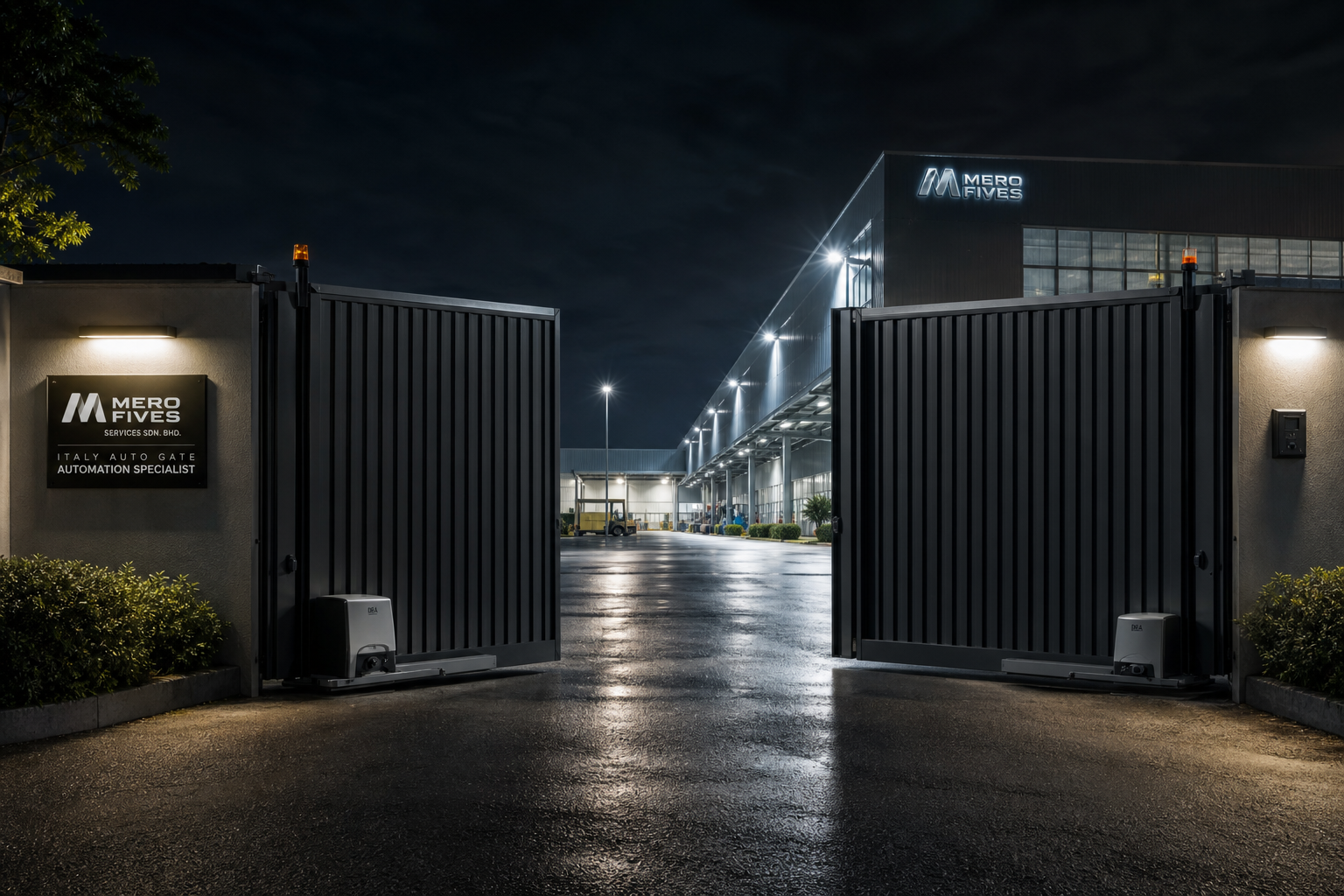 Large industrial factory auto gate opening at night with cinematic lighting