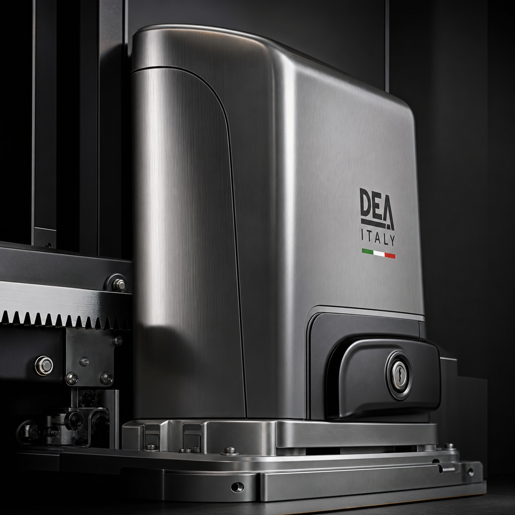 Close-up of premium Italian gate motor with brushed metal casing