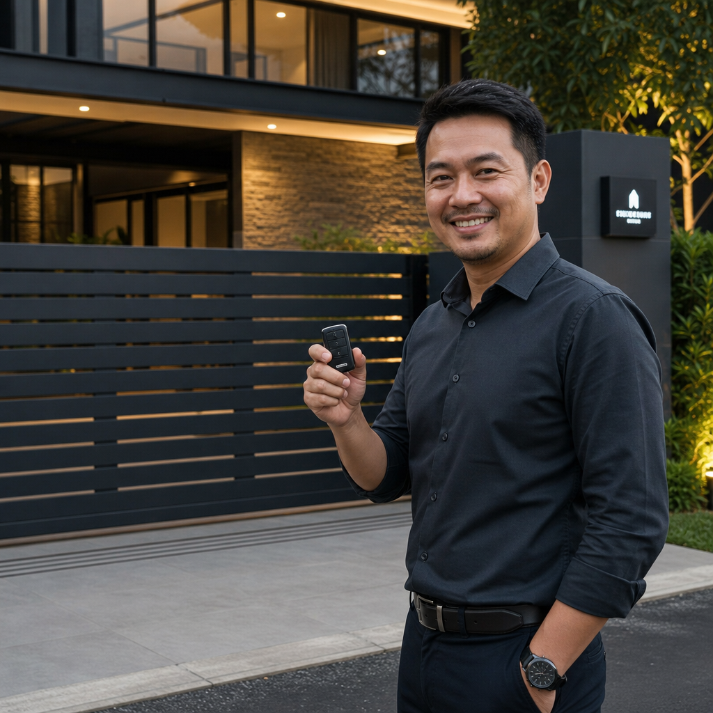 Happy customer holding a remote control near an automated gate