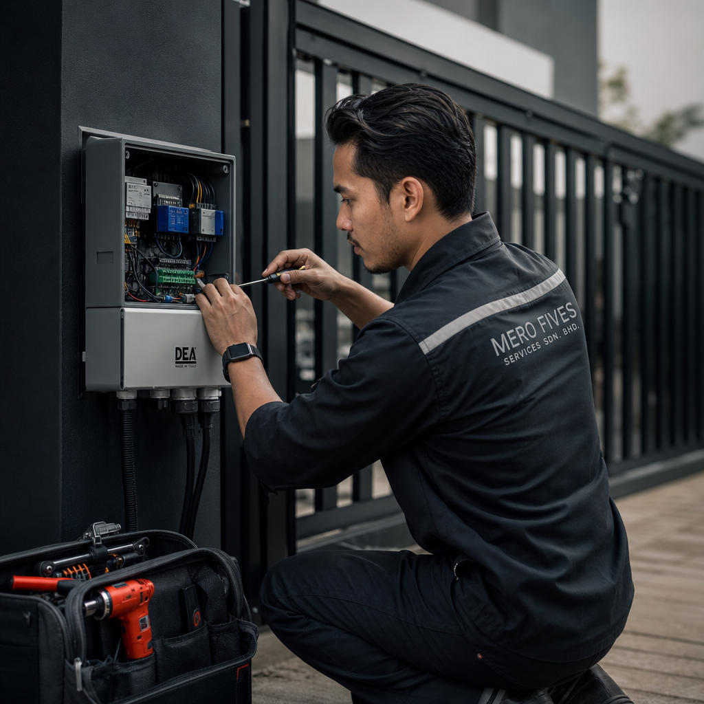 Professional technician installing an auto gate control panel