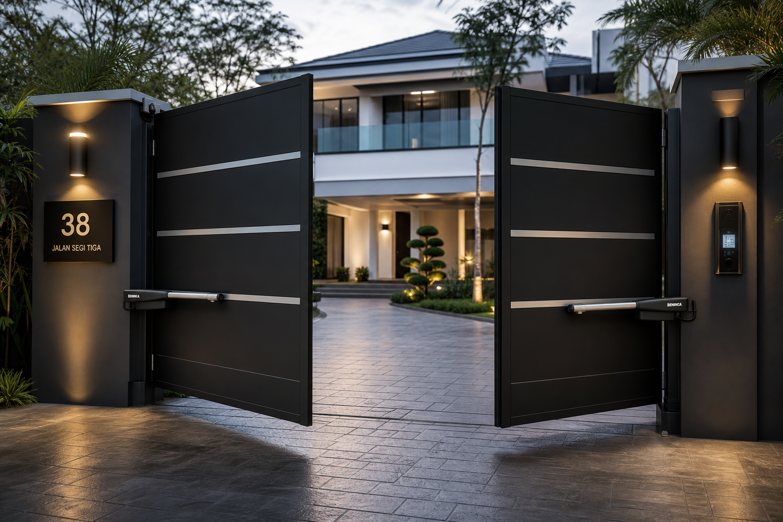 Luxury Malaysian bungalow swing gate in matte black with brushed steel accents and elegant automation arms at dusk