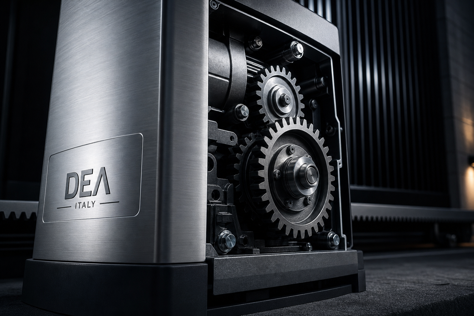 Close-up of a brushed steel industrial gate motor with moving gears under dramatic light