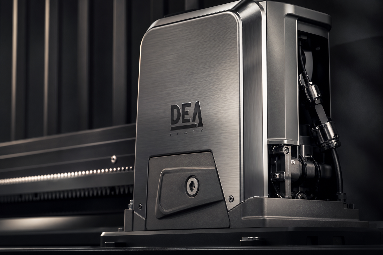 Cinematic close-up of a premium Italian gate motor in brushed steel with precision components