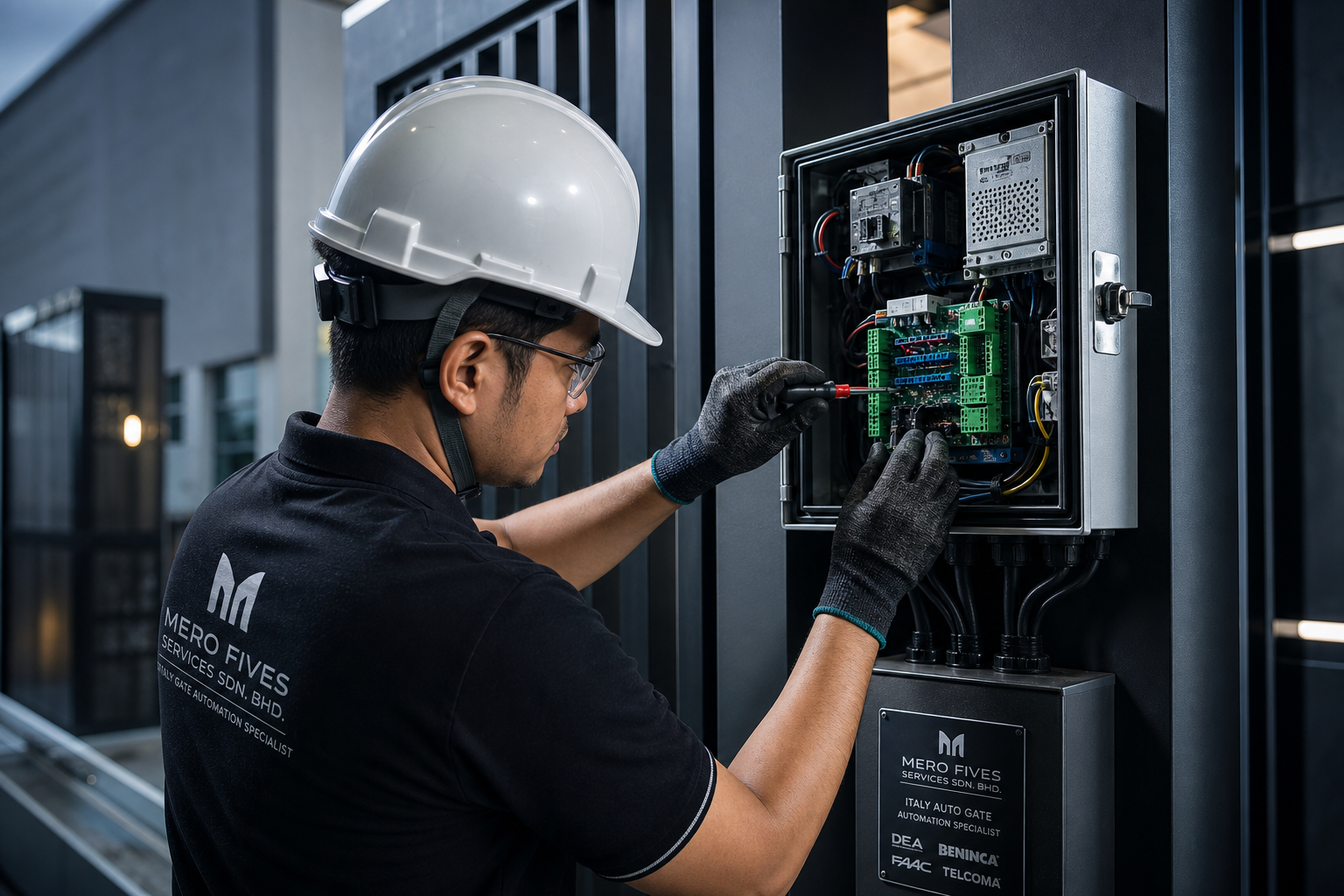 Professional technician installing an automated gate controller with precision tools and safety gear