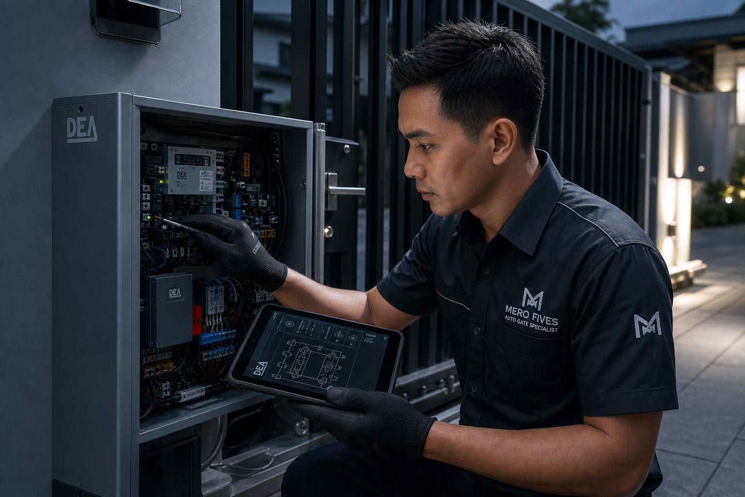 Uniformed technician calibrating a smart auto gate control panel with diagnostic tools