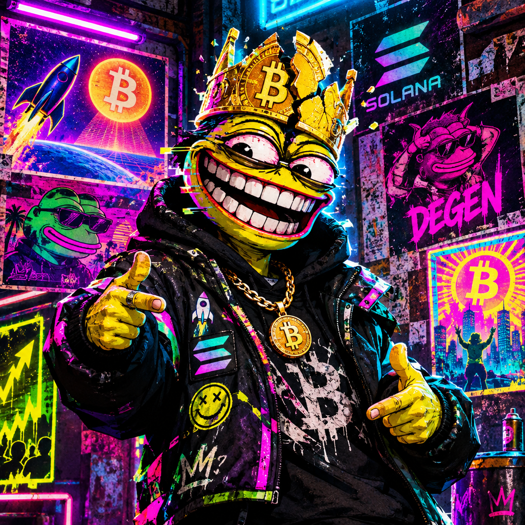 Glitchy meme character with a cracked coin crown and manic grin standing in front of a chaotic retro-futurist poster wall