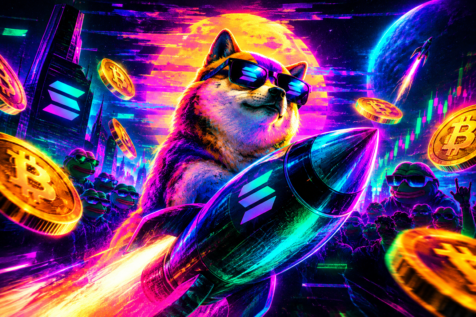 Wide horizontal artwork placeholder with chaotic neon meme collage style for future hero banner art