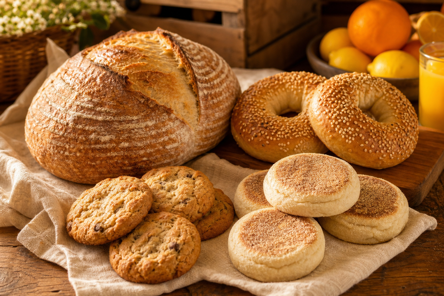 Rustic wooden table with a round sourdough loaf, sesame bagels, golden cookies, and English muffins on linen
