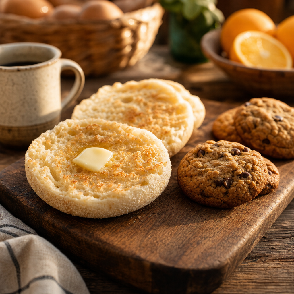 English muffins and cookies on a wooden board