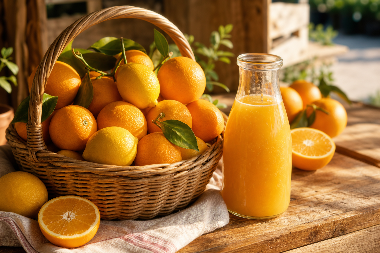 Wicker basket of oranges and lemons beside a glass bottle of fresh squeezed orange juice
