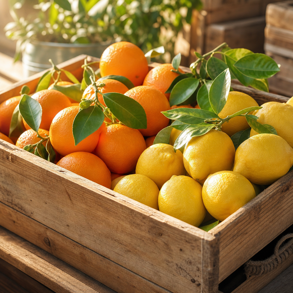Wooden crate filled with bright oranges and lemons, with leafy stems and warm sunlight