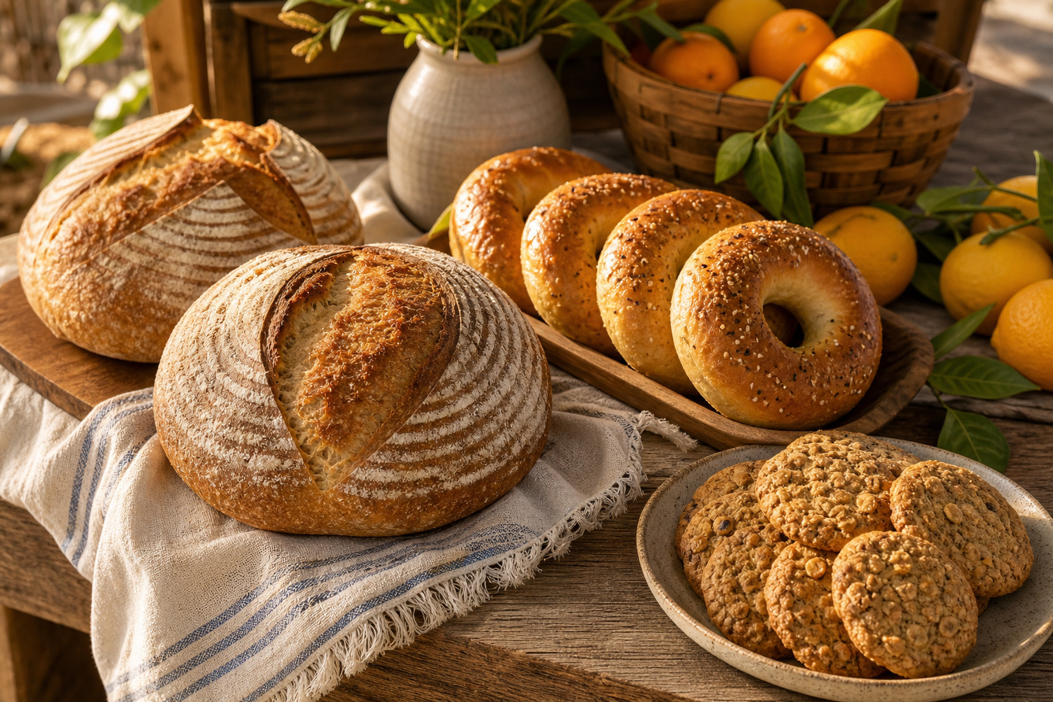 Wooden farm-stand table with rustic sourdough loaves, bagels, and cookies on linen cloth
