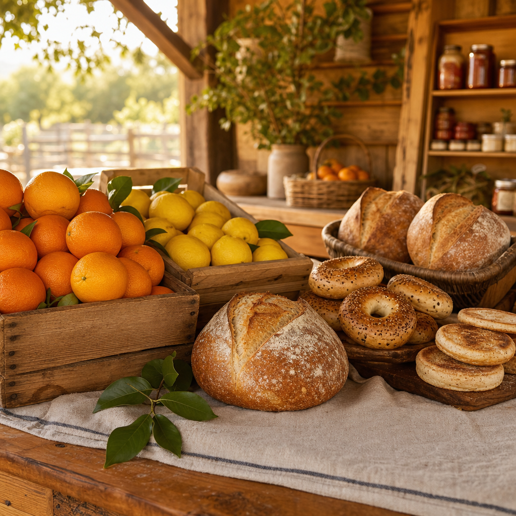 Rustic farm stand counter with sourdough loaves, bagels, and bright citrus fruit in wooden crates