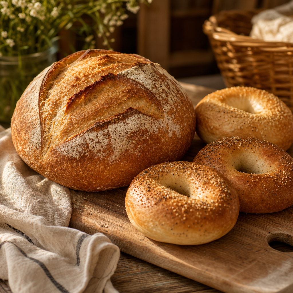 Rustic sourdough and bagels with warm crust