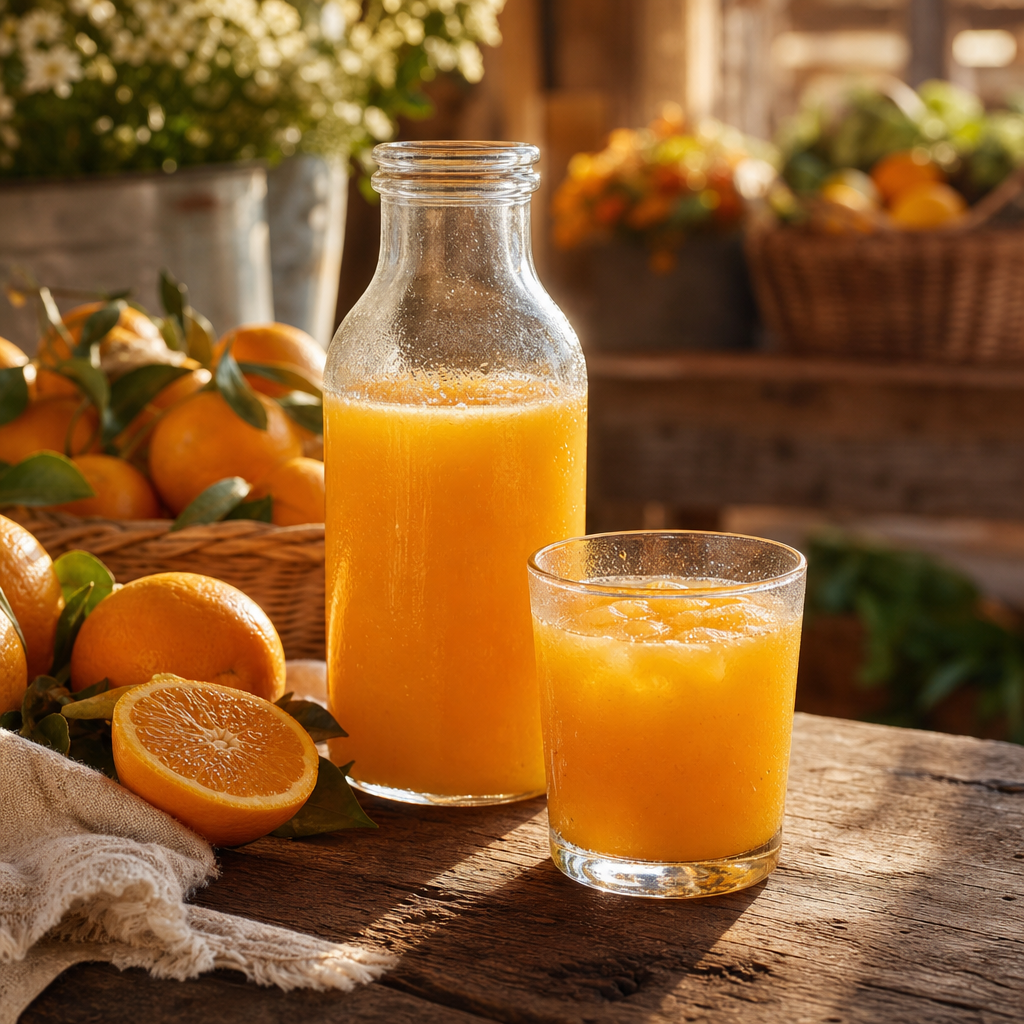 Glass bottle of fresh squeezed orange juice