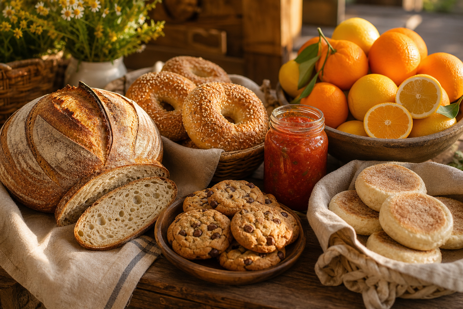 Rustic farm-stand table with sourdough loaves, bagels, cookies, English muffins, salsa jars, and fresh oranges in warm sunlight