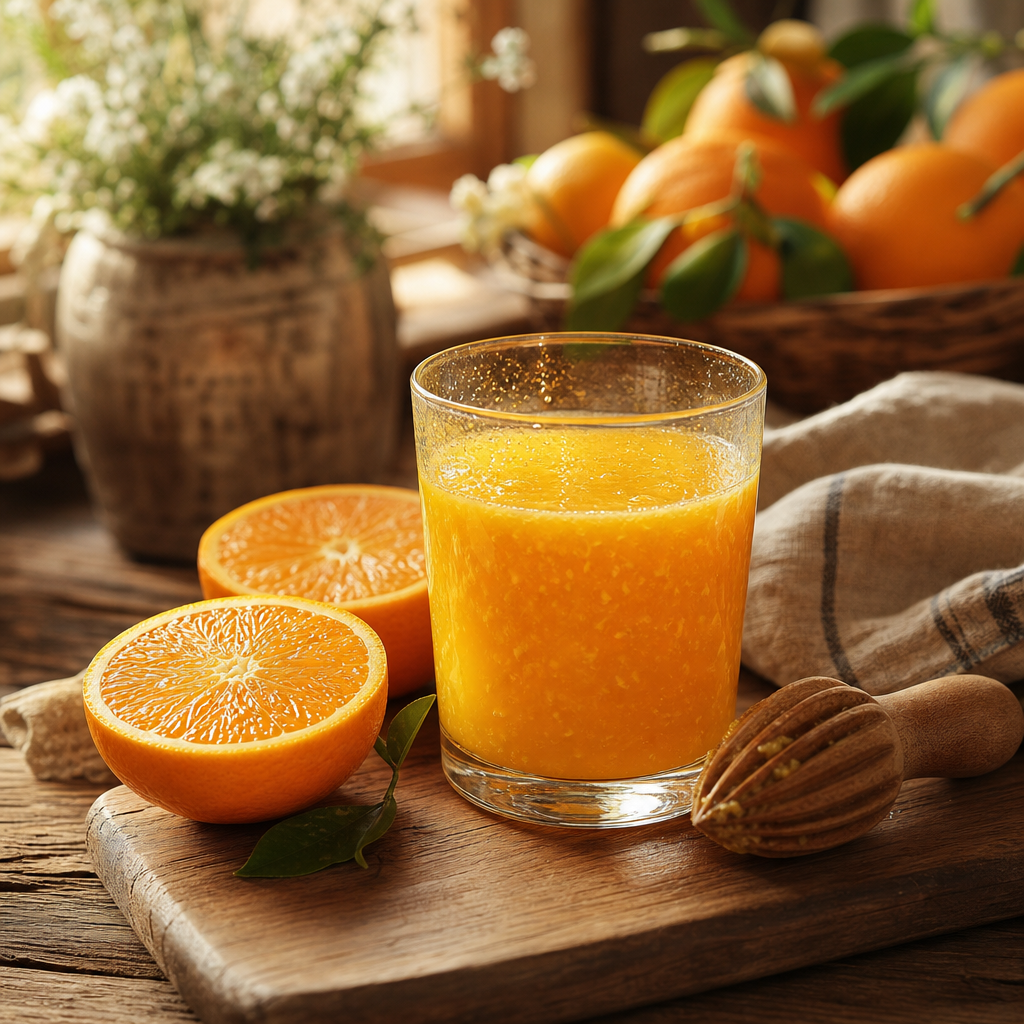 Fresh squeezed orange juice in a glass beside halved oranges on a wooden board