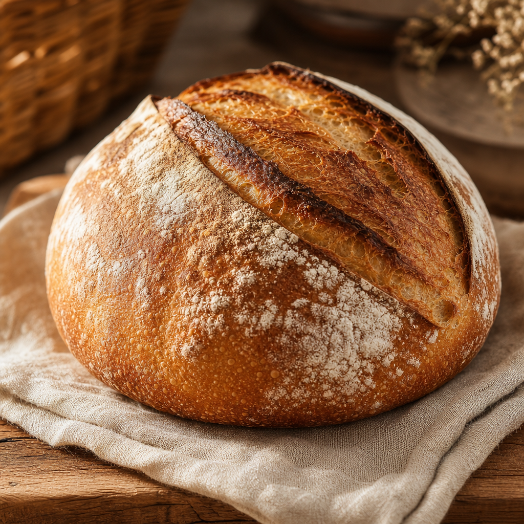 Close-up of a golden sourdough loaf with rustic crust on a linen cloth