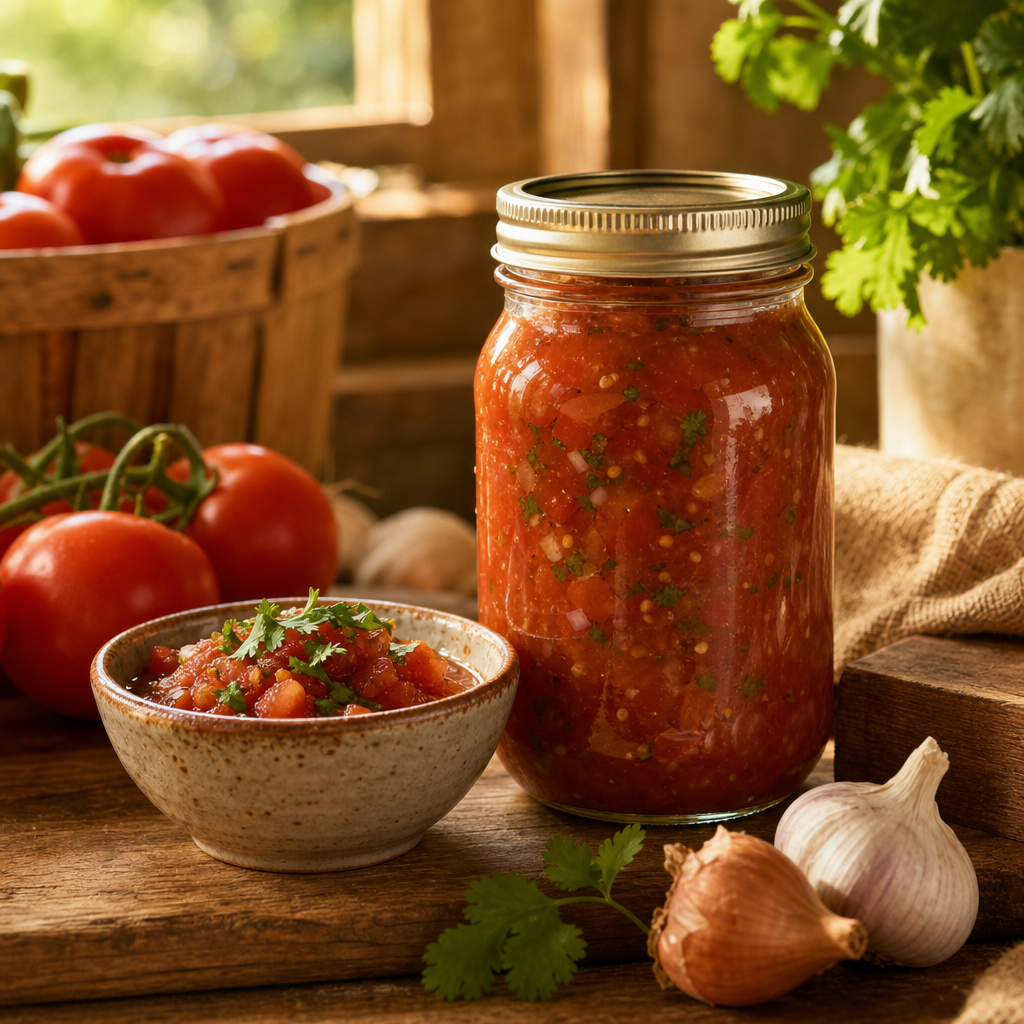 Glass jar of homemade red salsa next to a small bowl and fresh tomatoes on a rustic counter