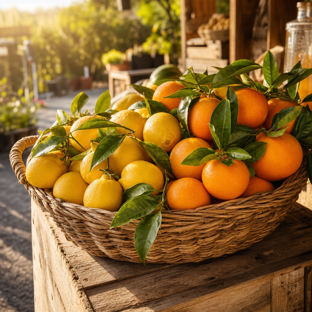 Basket of lemons and oranges with leaves